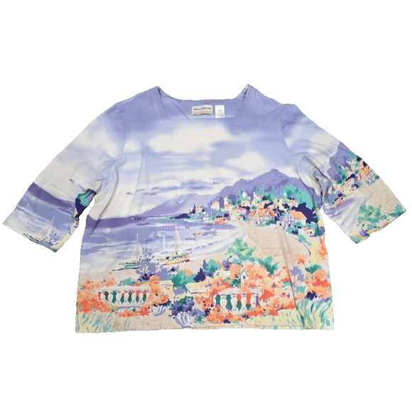 Alfred Dunner Tops - Alfred Dunner 3/4 sleeve Top coastal town art pattern Multicolor 2X A003318